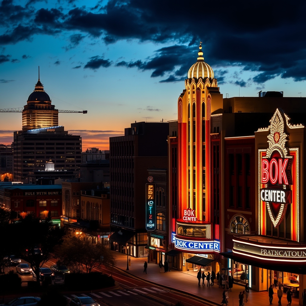 Downtown Tulsa skyline at dusk with art deco buildings